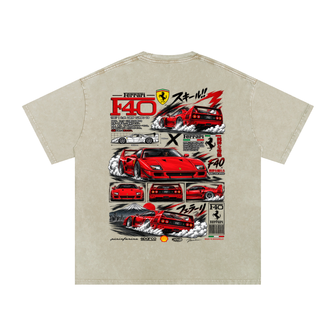 Ferrari F40 Tokyo Racing Tee – Snow Washed Oversized Cotton T-Shirt