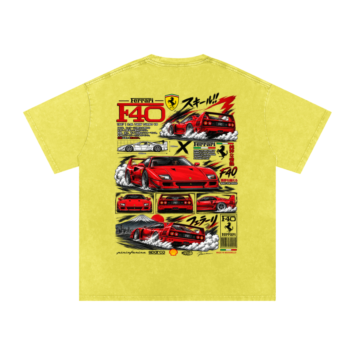 Ferrari F40 Tokyo Racing Tee – Snow Washed Oversized Cotton T-Shirt