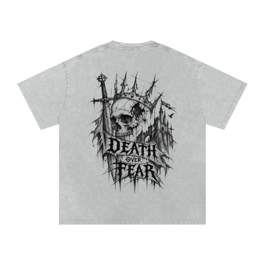 Death Over Fear Crowned Skull Tee – Snow Wash Oversized Distressed T-Shirt
