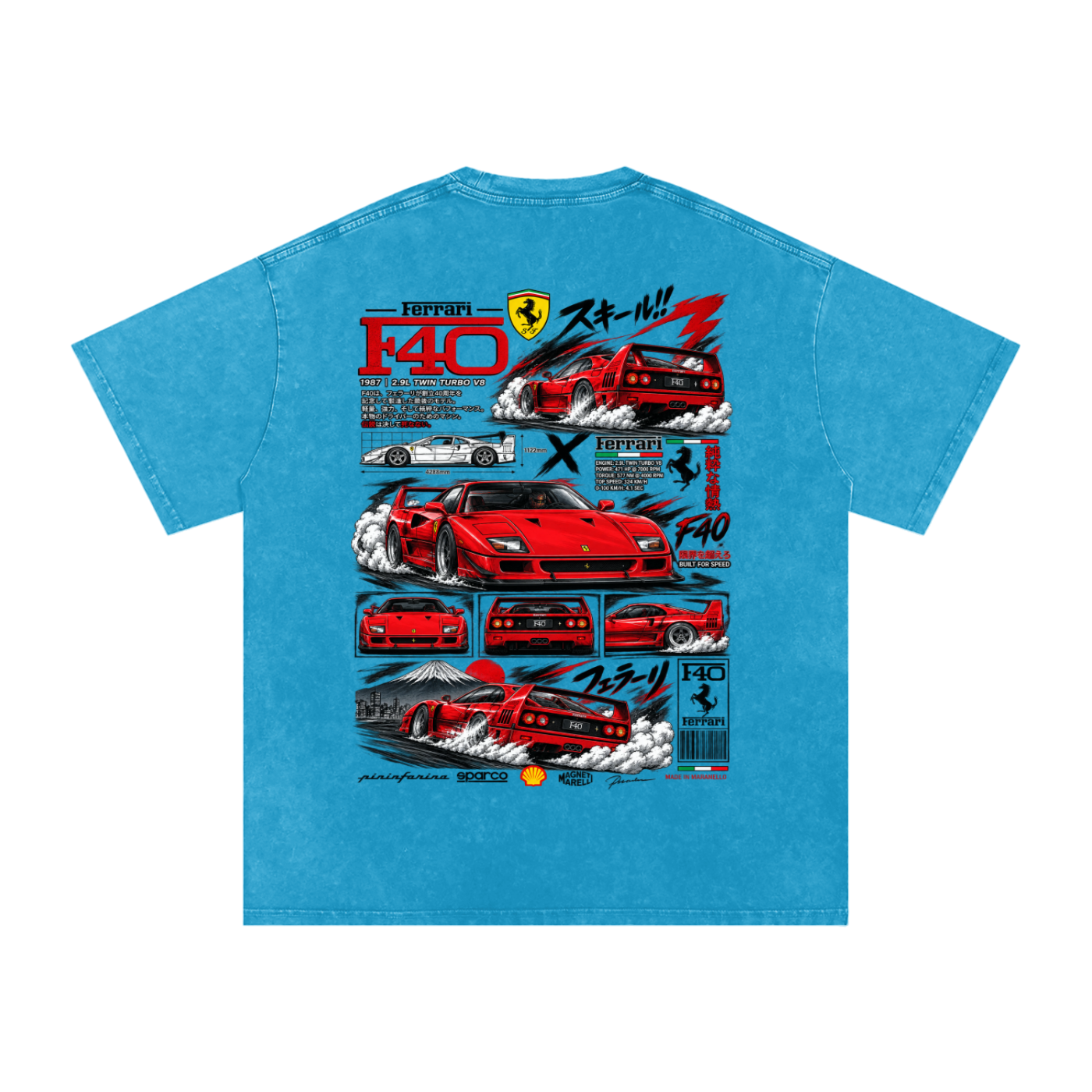 Ferrari F40 Tokyo Racing Tee – Snow Washed Oversized Cotton T-Shirt
