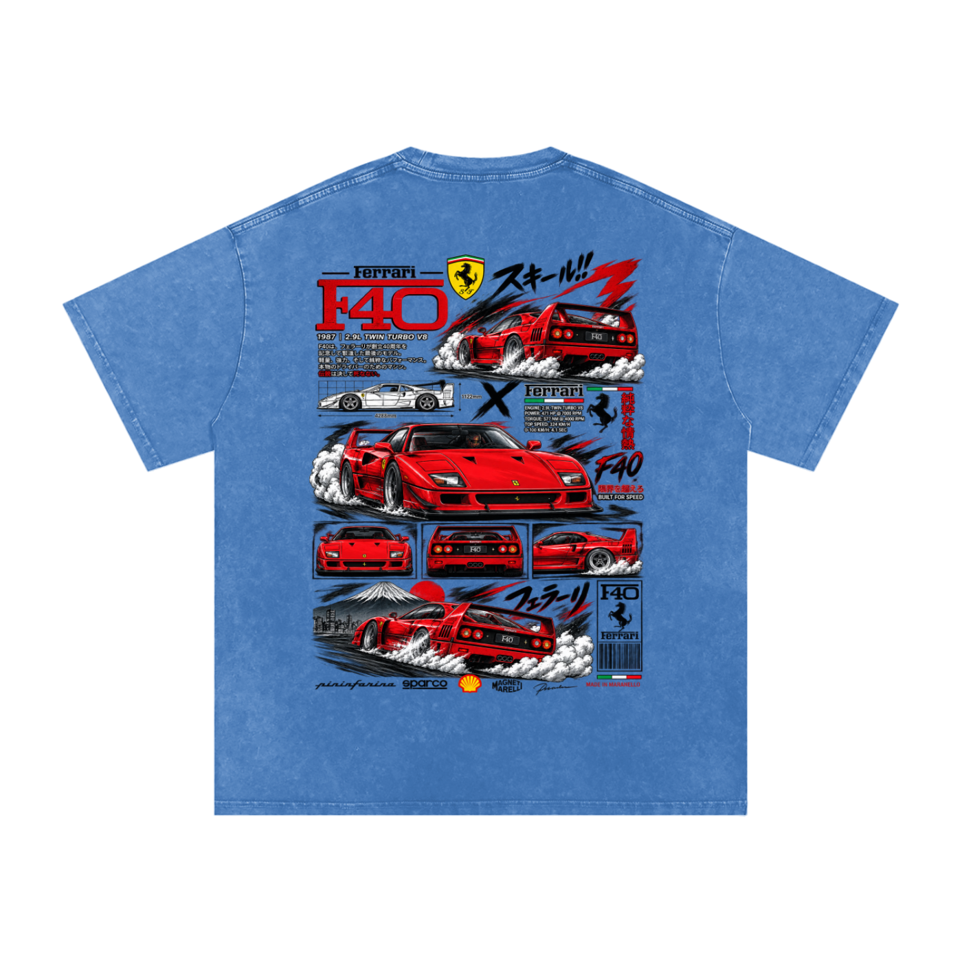 Ferrari F40 Tokyo Racing Tee – Snow Washed Oversized Cotton T-Shirt