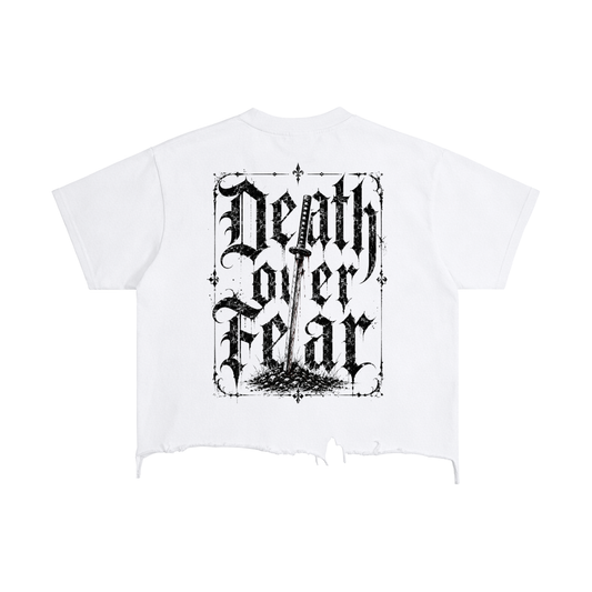 Death Over Fear Gothic Script Tee – Vintage Wash Boxy Distressed Hem T-Shirt