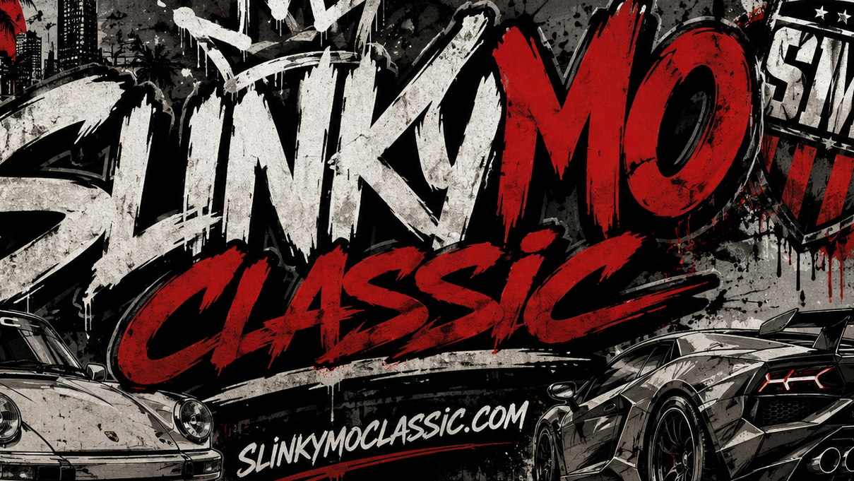 A stylized graphic poster with the text 'Slinky Mo Classic' in large white and red brush-stroke lettering, an SMC shield logo, a crown icon, a city skyline with a red sun, and two cars at the bottom. This appears to be the artwork itself rather than a photo of a physical product in a real environment, so Scenery fits best because the depicted graphic scene is the product/artwork.