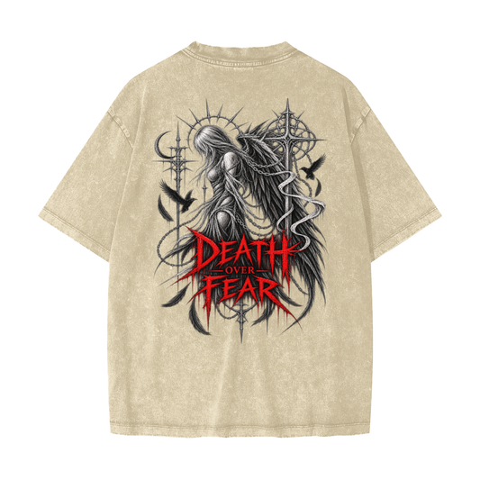 Death Over Fear Gothic Sword Tee – Heavyweight Snow Washed T-Shirt