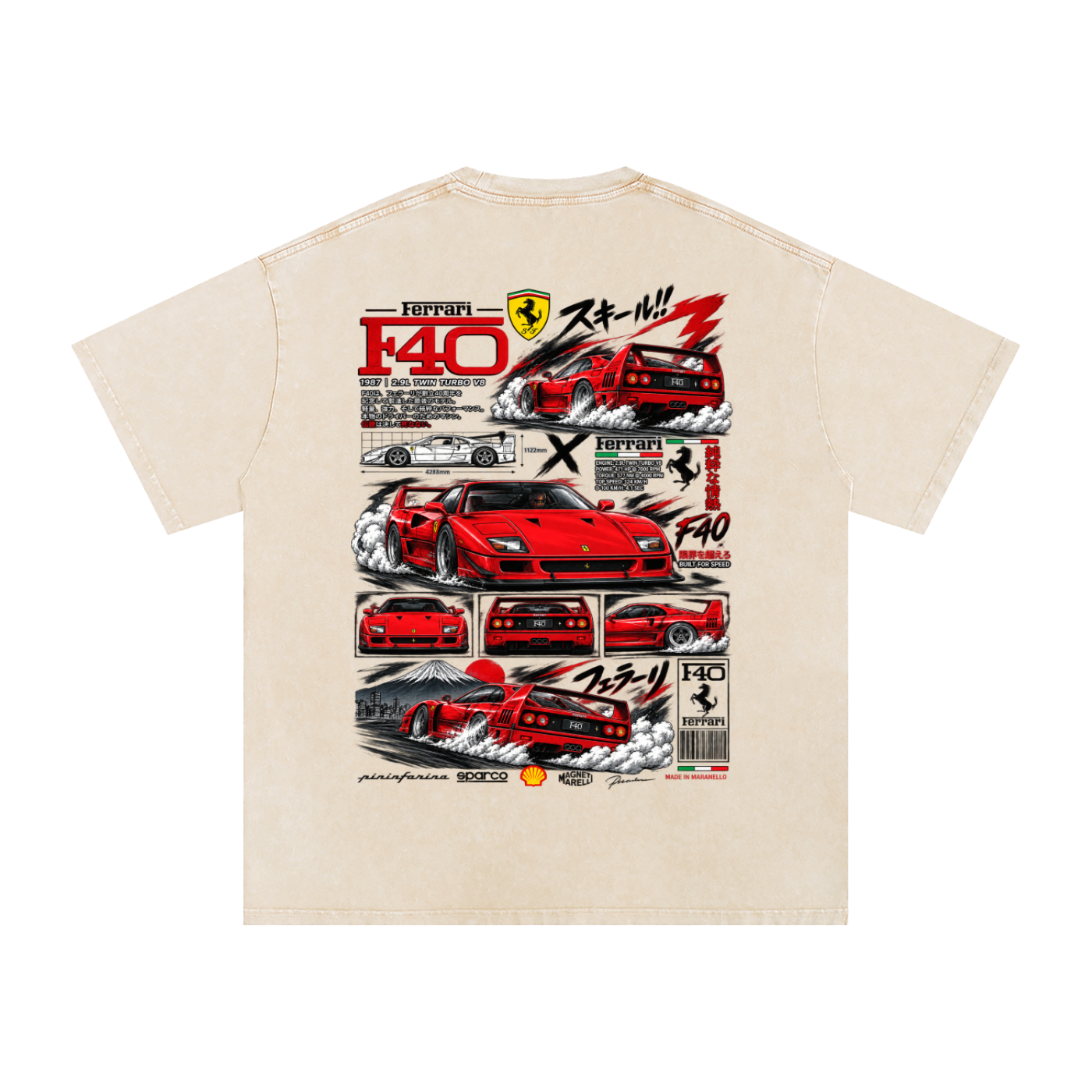 Ferrari F40 Tokyo Racing Tee – Snow Washed Oversized Cotton T-Shirt